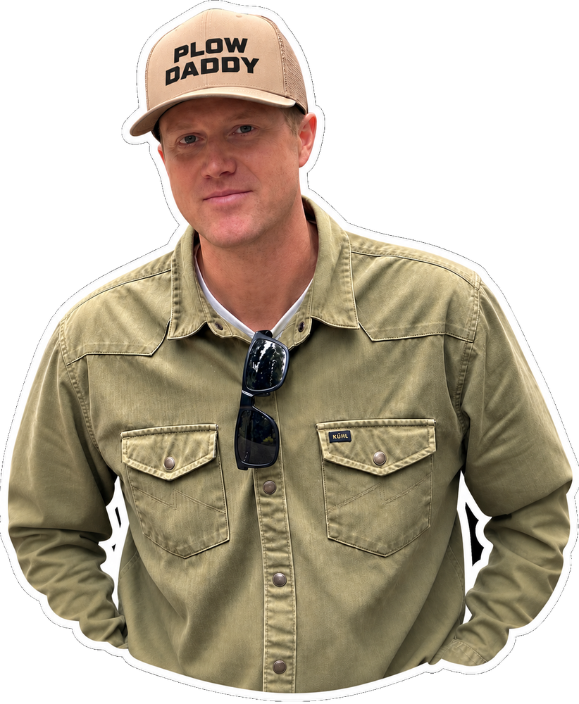 Daddy in a Plow Daddy hat and work shirt